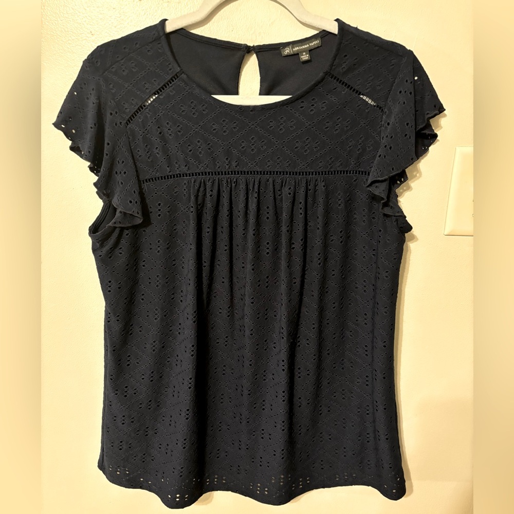 Adrianna Papell Navy Cap Ruffle Sleeve Stretch Eyelet Top